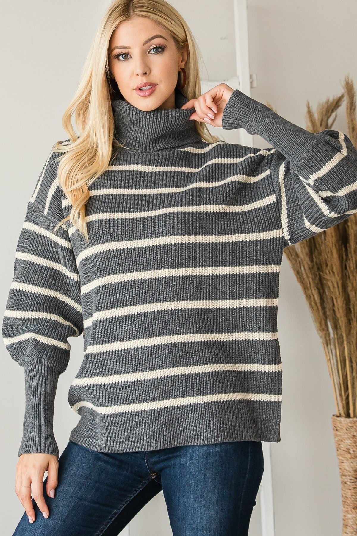 Heavy Knit Striped Turtle Neck Knit Sweater - Wear Arielle