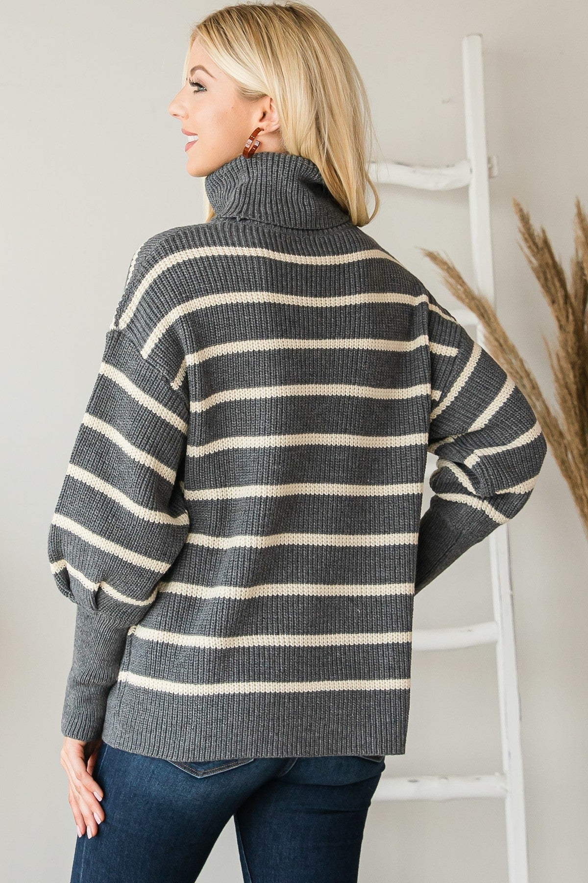 Heavy Knit Striped Turtle Neck Knit Sweater - Wear Arielle