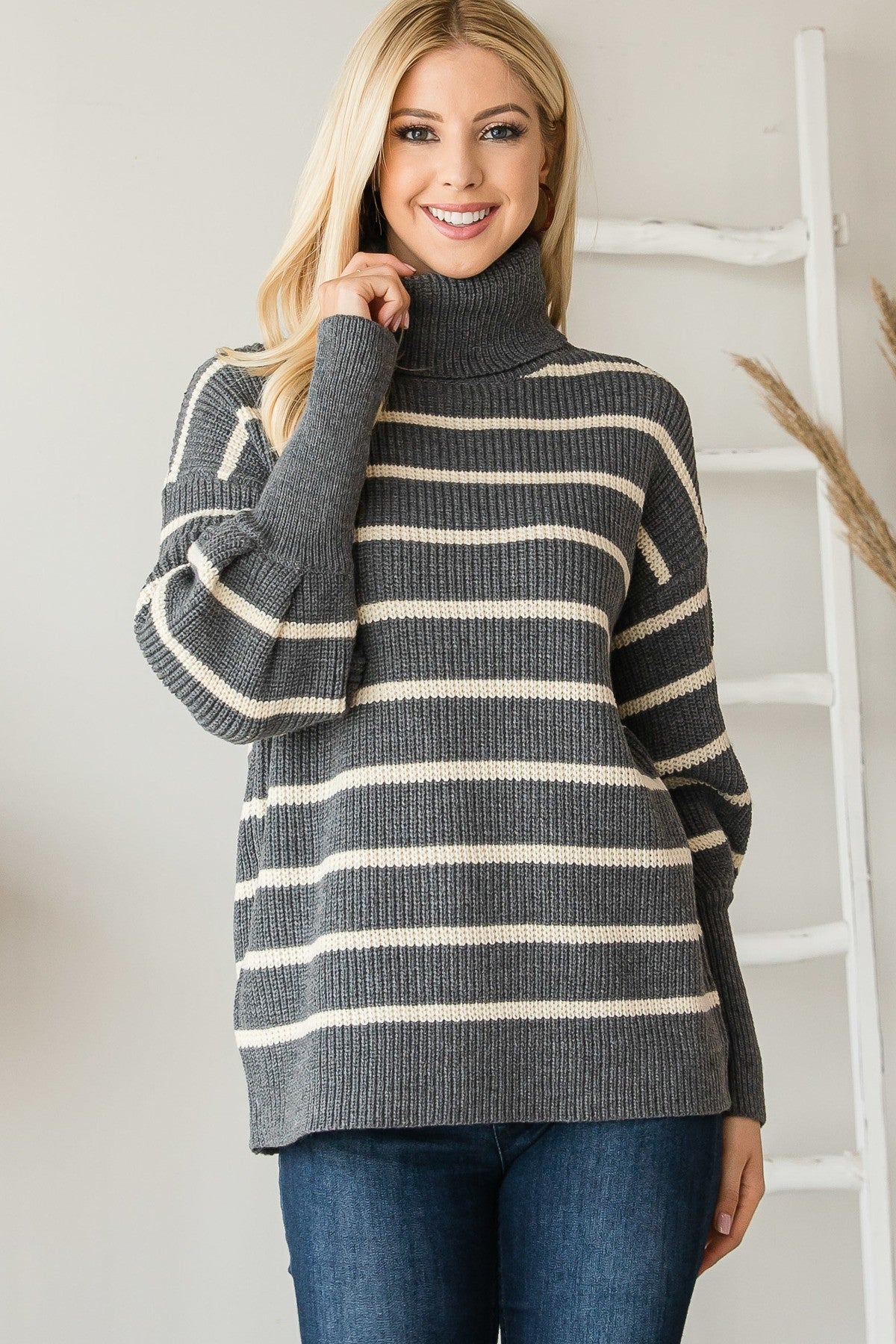 Heavy Knit Striped Turtle Neck Knit Sweater - Wear Arielle