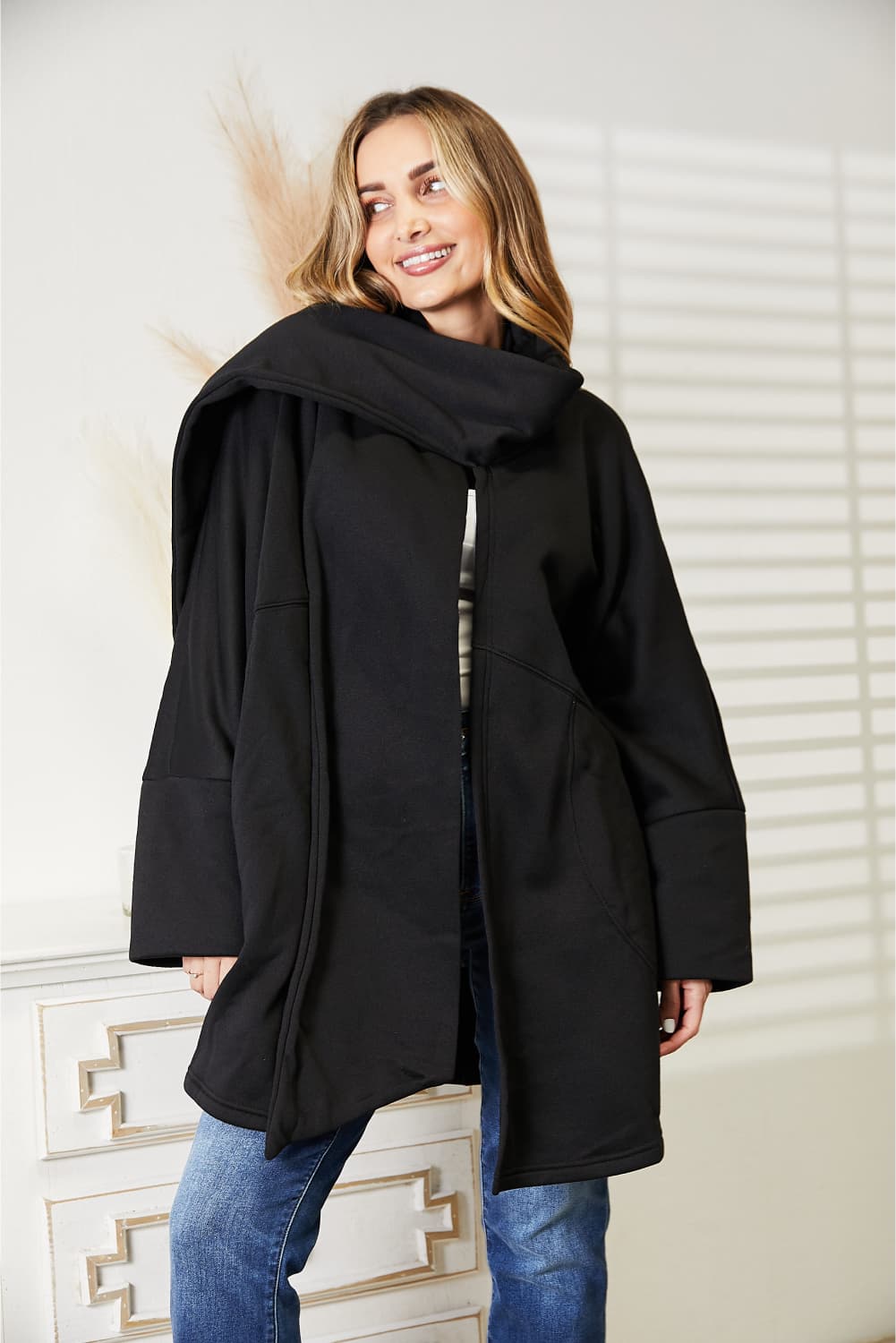 HEYSON Full Size Open Front Cardigan with Scarf Design - Wear Arielle