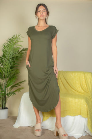 Hidden Pocket Batwing Sleeve V Neck Long Dress - Wear Arielle