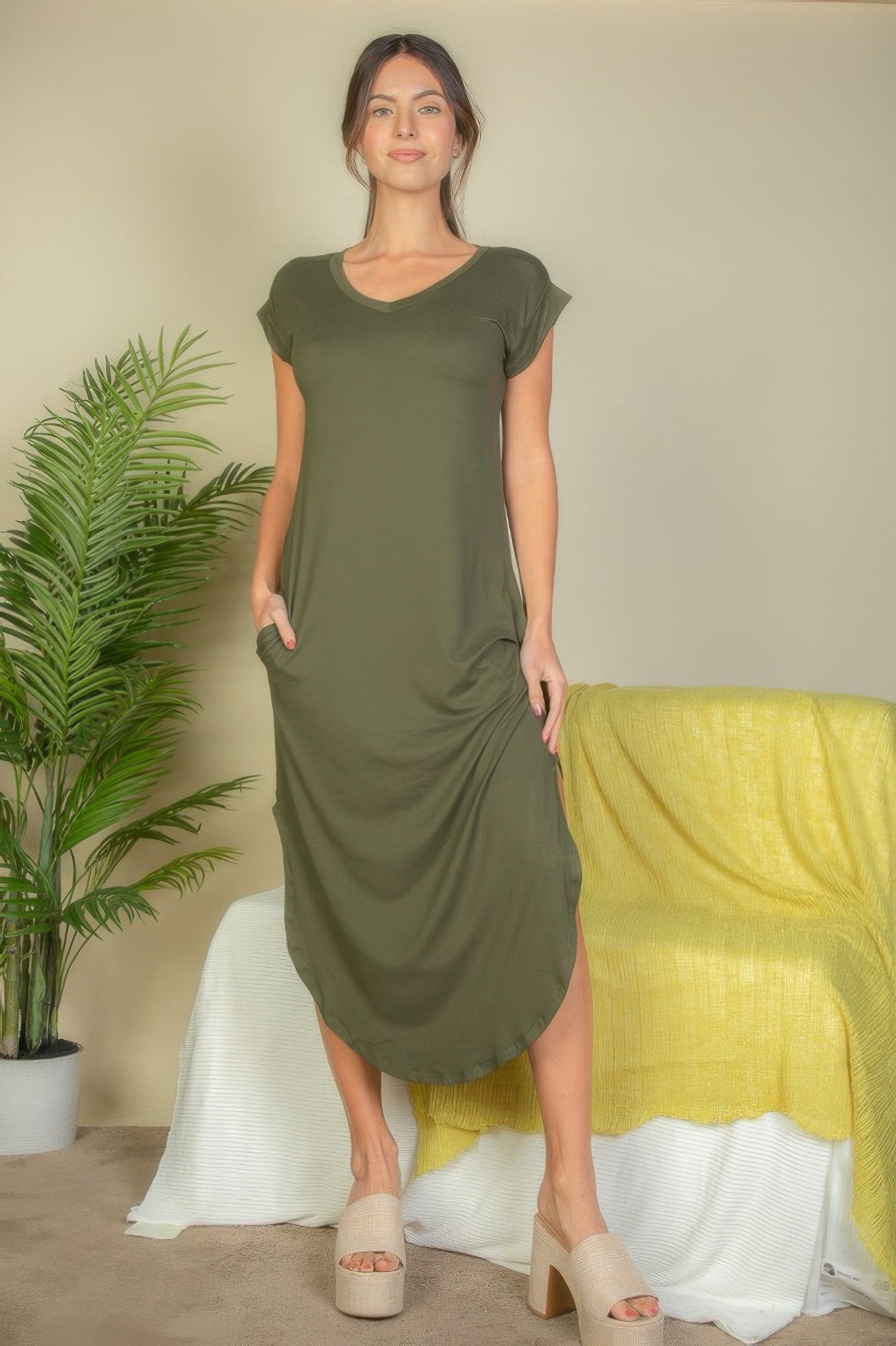 Hidden Pocket Batwing Sleeve V Neck Long Dress - Wear Arielle