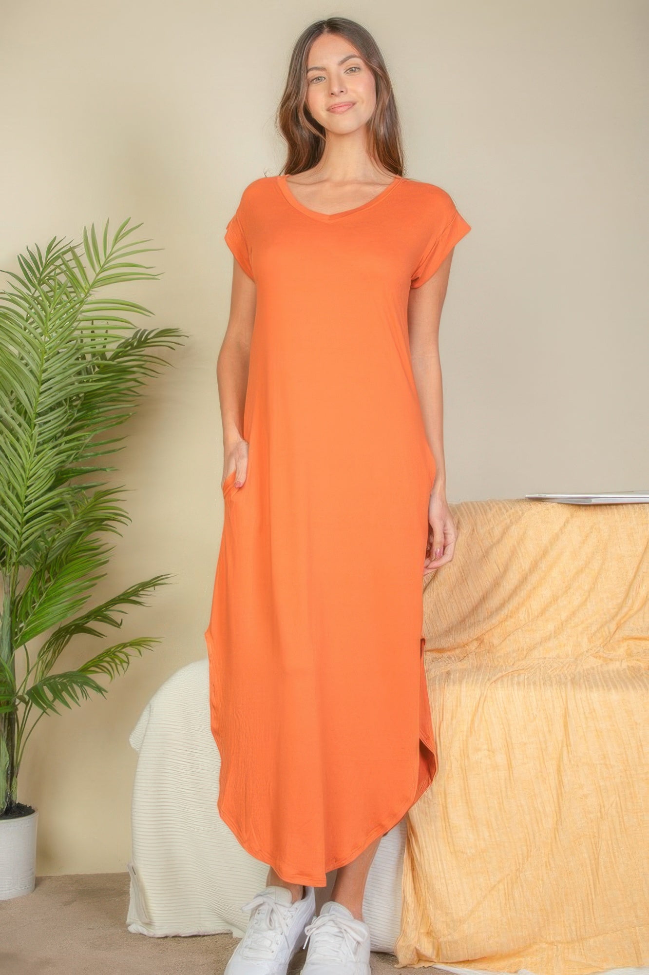 Hidden Pocket Batwing Sleeve V Neck Long Dress - Wear Arielle