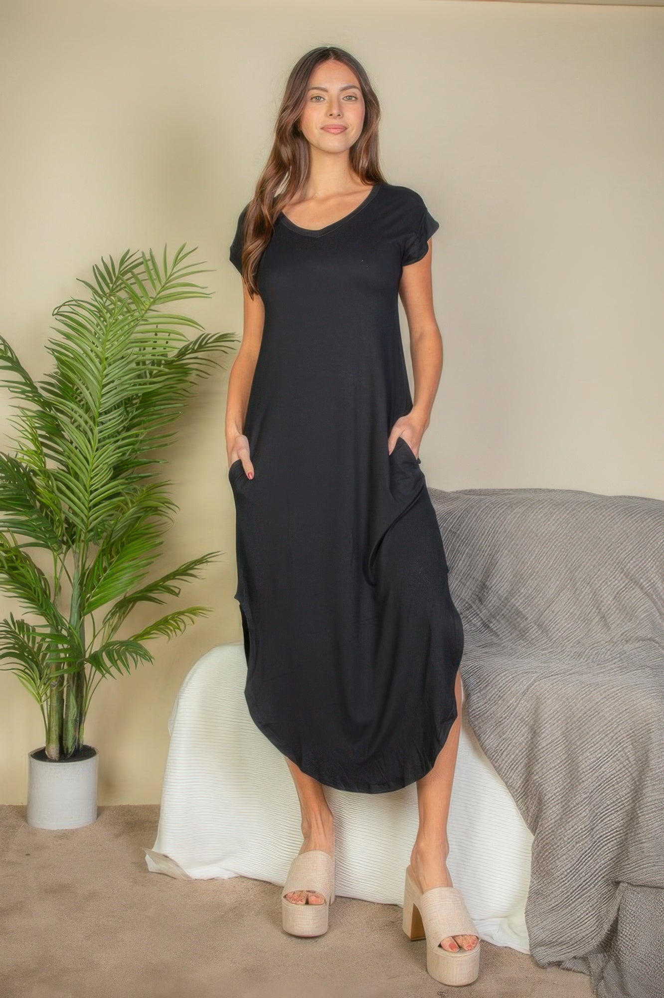 Hidden Pocket Batwing Sleeve V Neck Long Dress - Wear Arielle