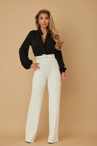 High Waist Pants With Buckle Belt - Wear Arielle