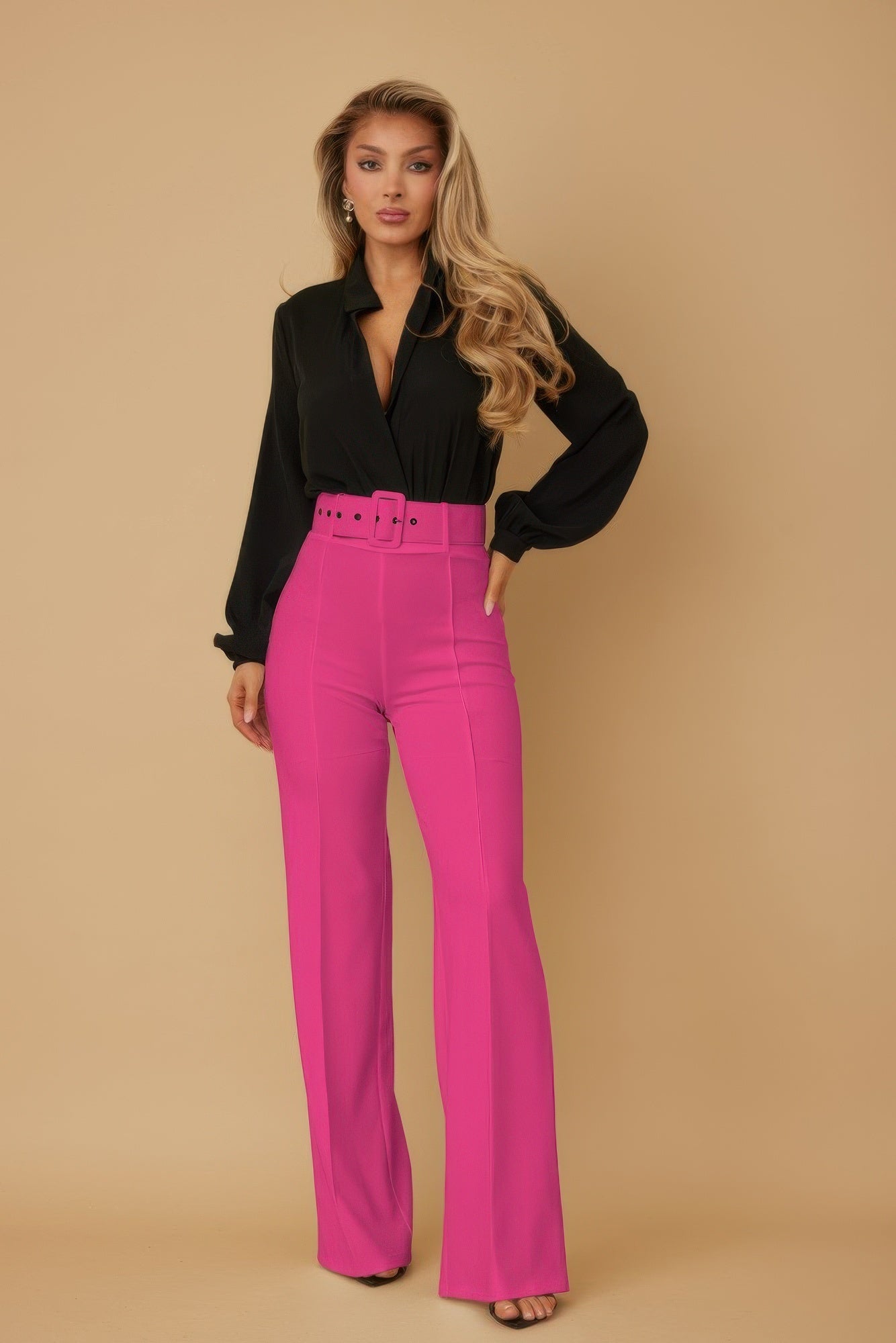 High Waist Pants With Buckle Belt - Wear Arielle