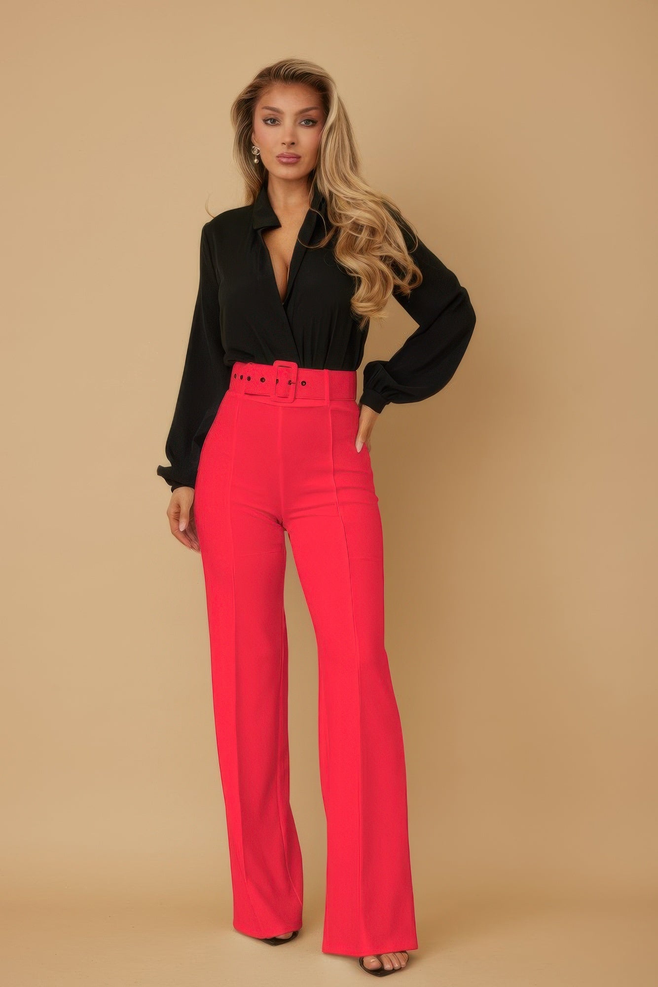 High Waist Pants With Buckle Belt - Wear Arielle