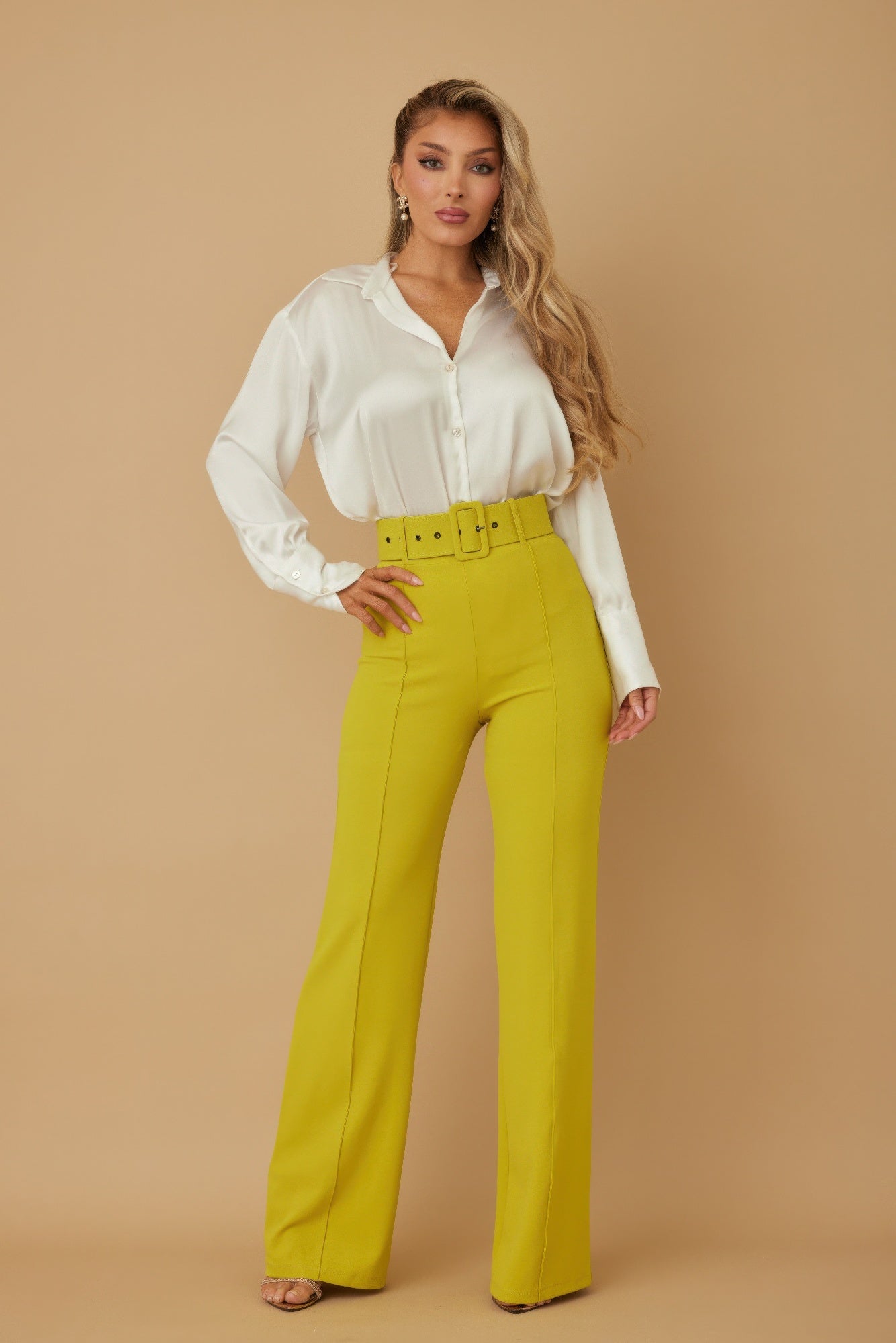 High Waist Pants With Buckle Belt - Wear Arielle