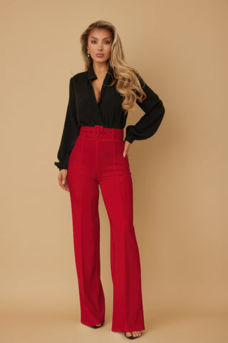 High Waist Pants With Buckle Belt - Wear Arielle