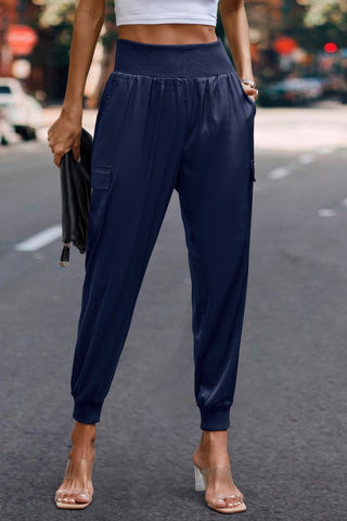 High Waist Trousers Pocket Satin Jogger Pants - Wear Arielle