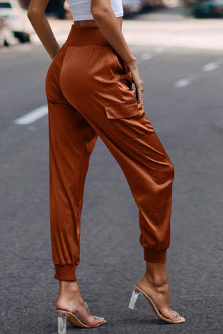 High Waist Trousers Pocket Satin Jogger Pants - Wear Arielle