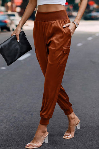 High Waist Trousers Pocket Satin Jogger Pants - Wear Arielle