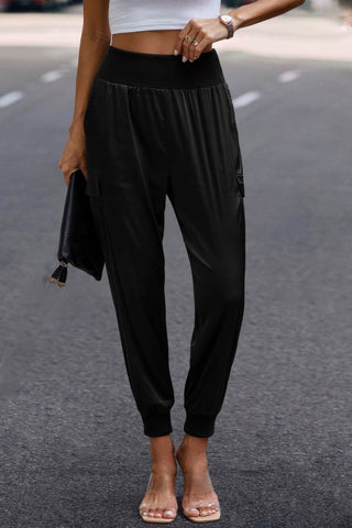 High Waist Trousers Pocket Satin Jogger Pants - Wear Arielle