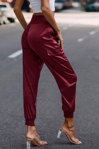 High Waist Trousers Pocket Satin Jogger Pants - Wear Arielle