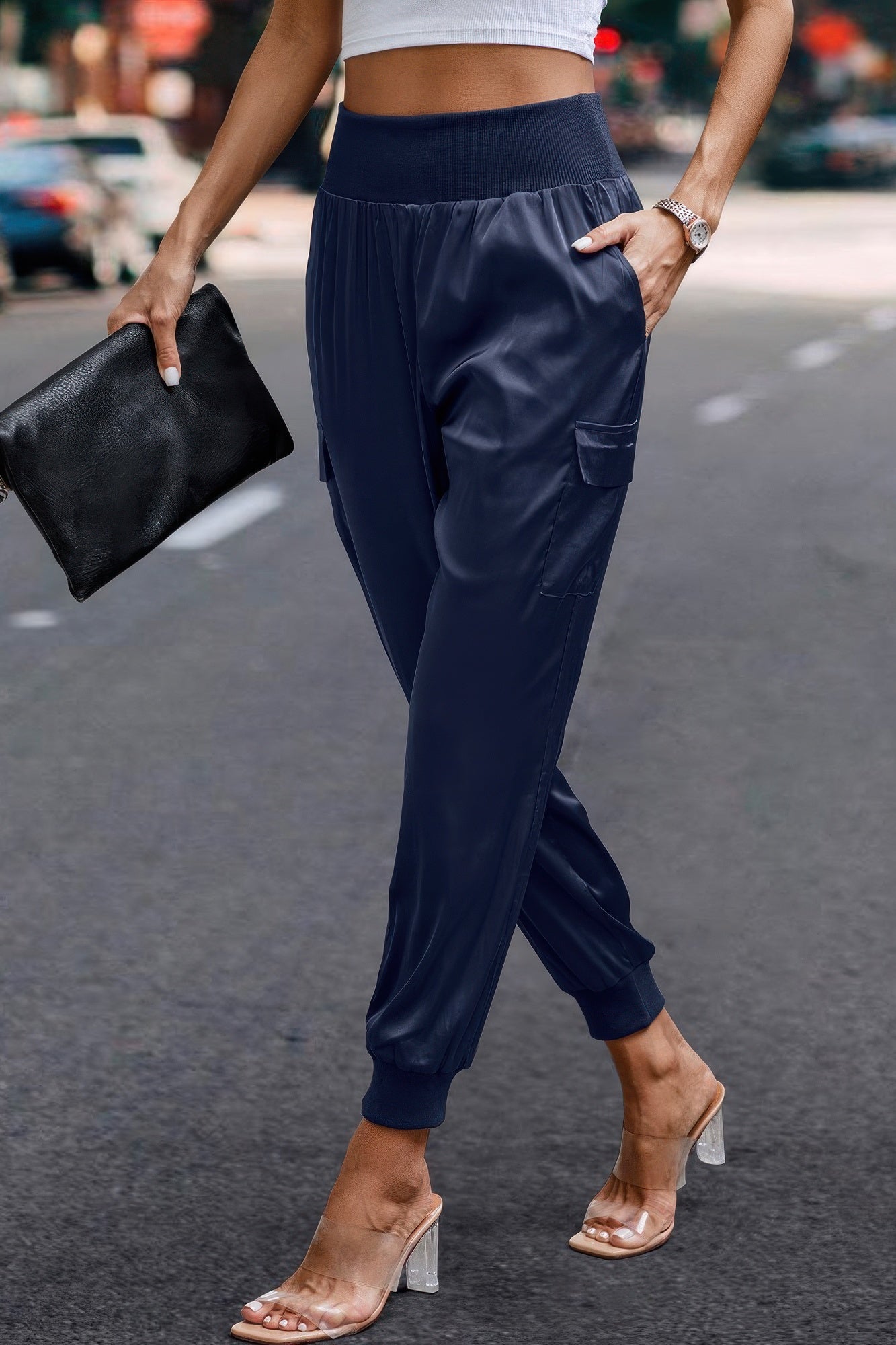 High Waist Trousers Pocket Satin Jogger Pants - Wear Arielle