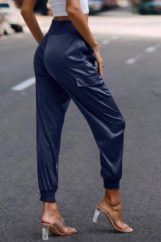 High Waist Trousers Pocket Satin Jogger Pants - Wear Arielle