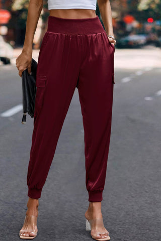 High Waist Trousers Pocket Satin Jogger Pants - Wear Arielle