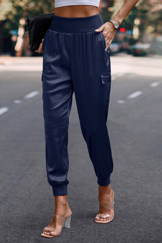 High Waist Trousers Pocket Satin Jogger Pants - Wear Arielle
