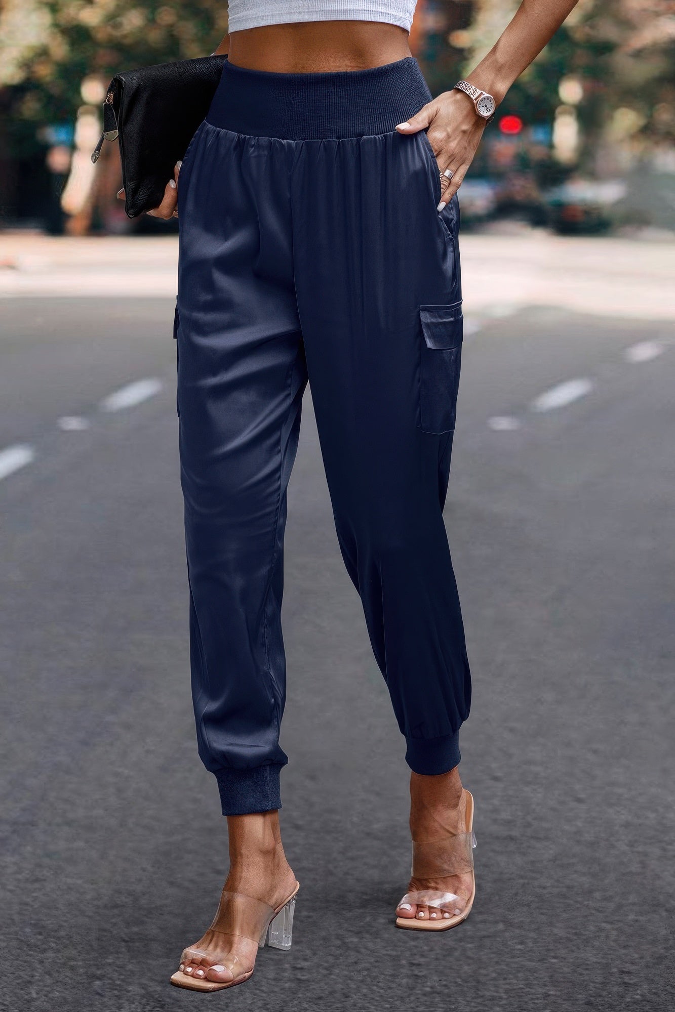 High Waist Trousers Pocket Satin Jogger Pants - Wear Arielle