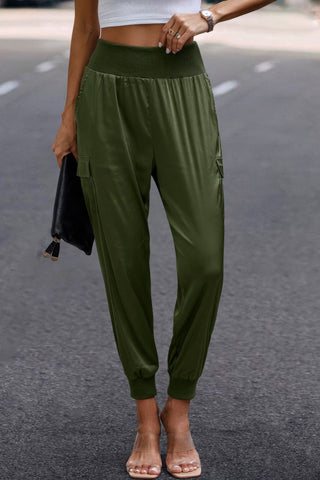 High Waist Trousers Pocket Satin Jogger Pants - Wear Arielle