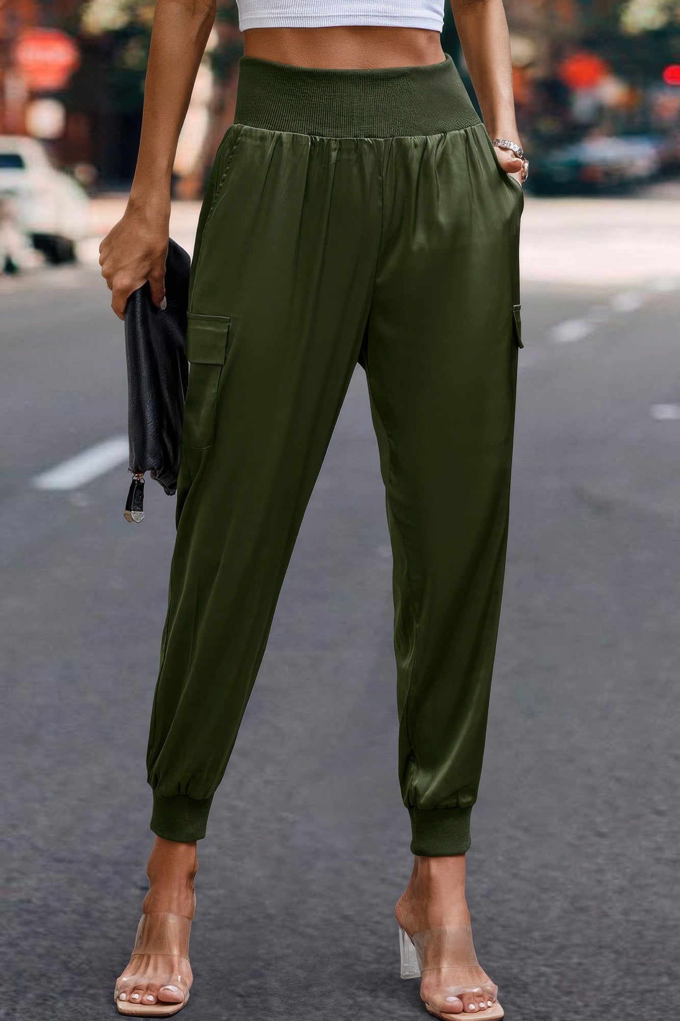 High Waist Trousers Pocket Satin Jogger Pants - Wear Arielle