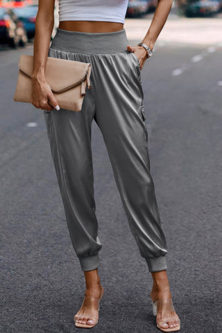 High Waist Trousers Pocket Satin Jogger Pants - Wear Arielle