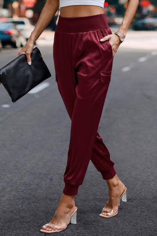 High Waist Trousers Pocket Satin Jogger Pants - Wear Arielle