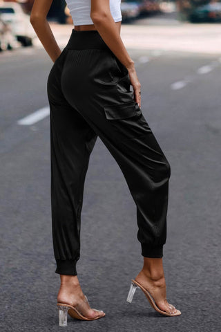 High Waist Trousers Pocket Satin Jogger Pants - Wear Arielle