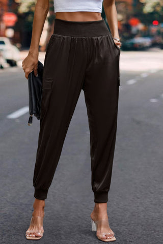 High Waist Trousers Pocket Satin Jogger Pants - Wear Arielle