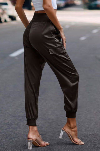 High Waist Trousers Pocket Satin Jogger Pants - Wear Arielle