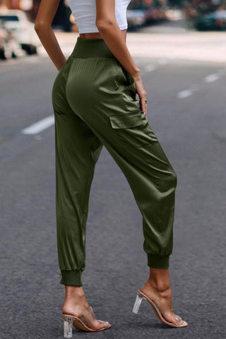 High Waist Trousers Pocket Satin Jogger Pants - Wear Arielle