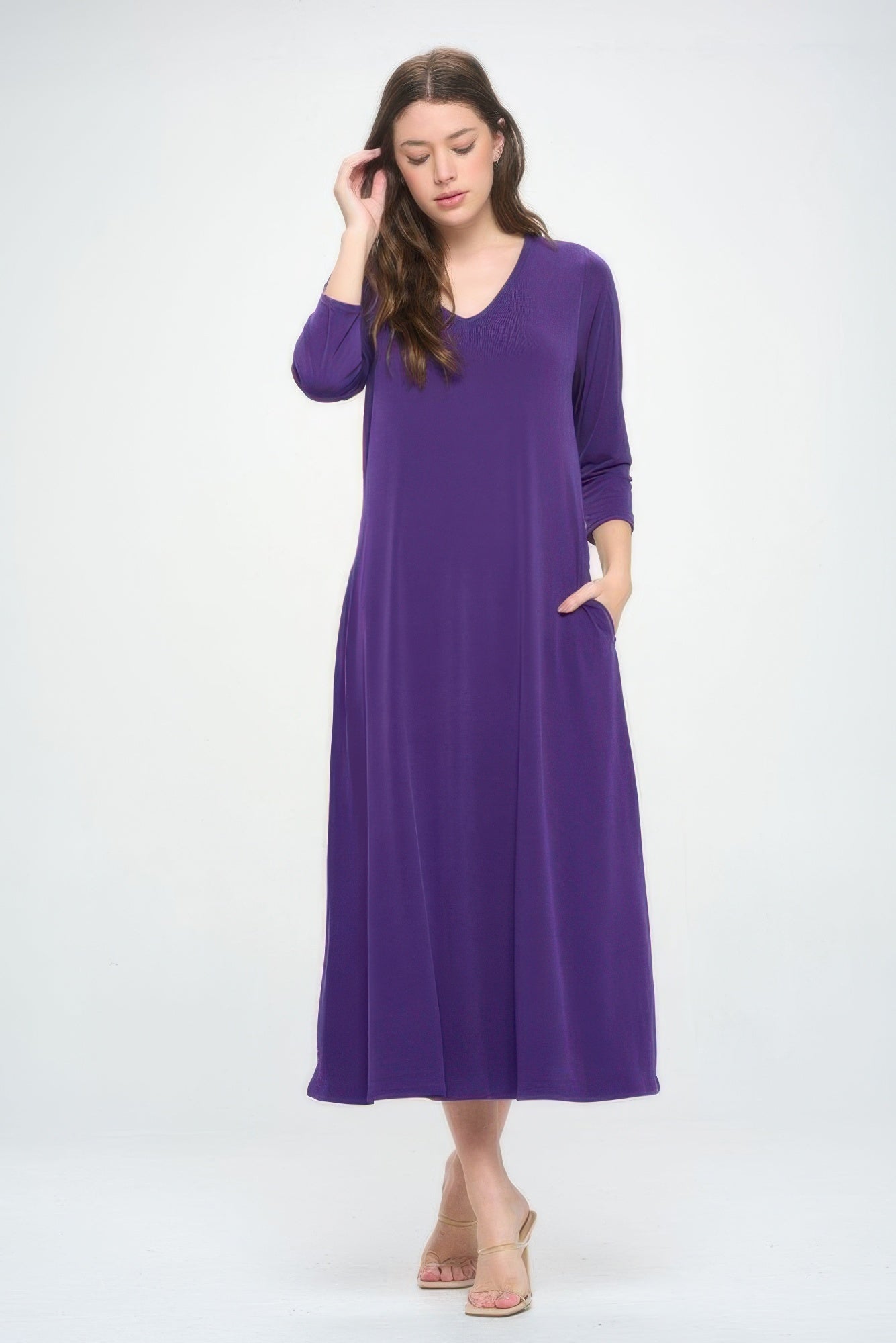 Hit V - neck Long Dress W/pocket - Wear Arielle