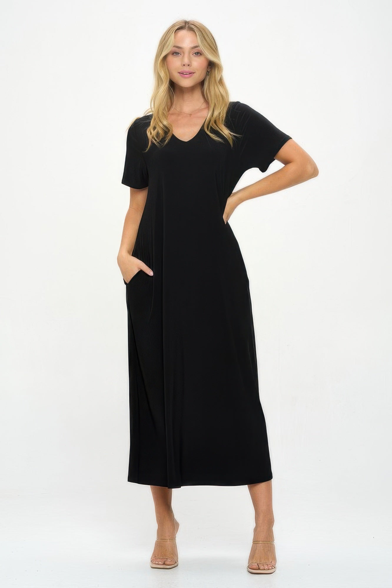 Hit V - neck Long Dress W/pocket - Wear Arielle