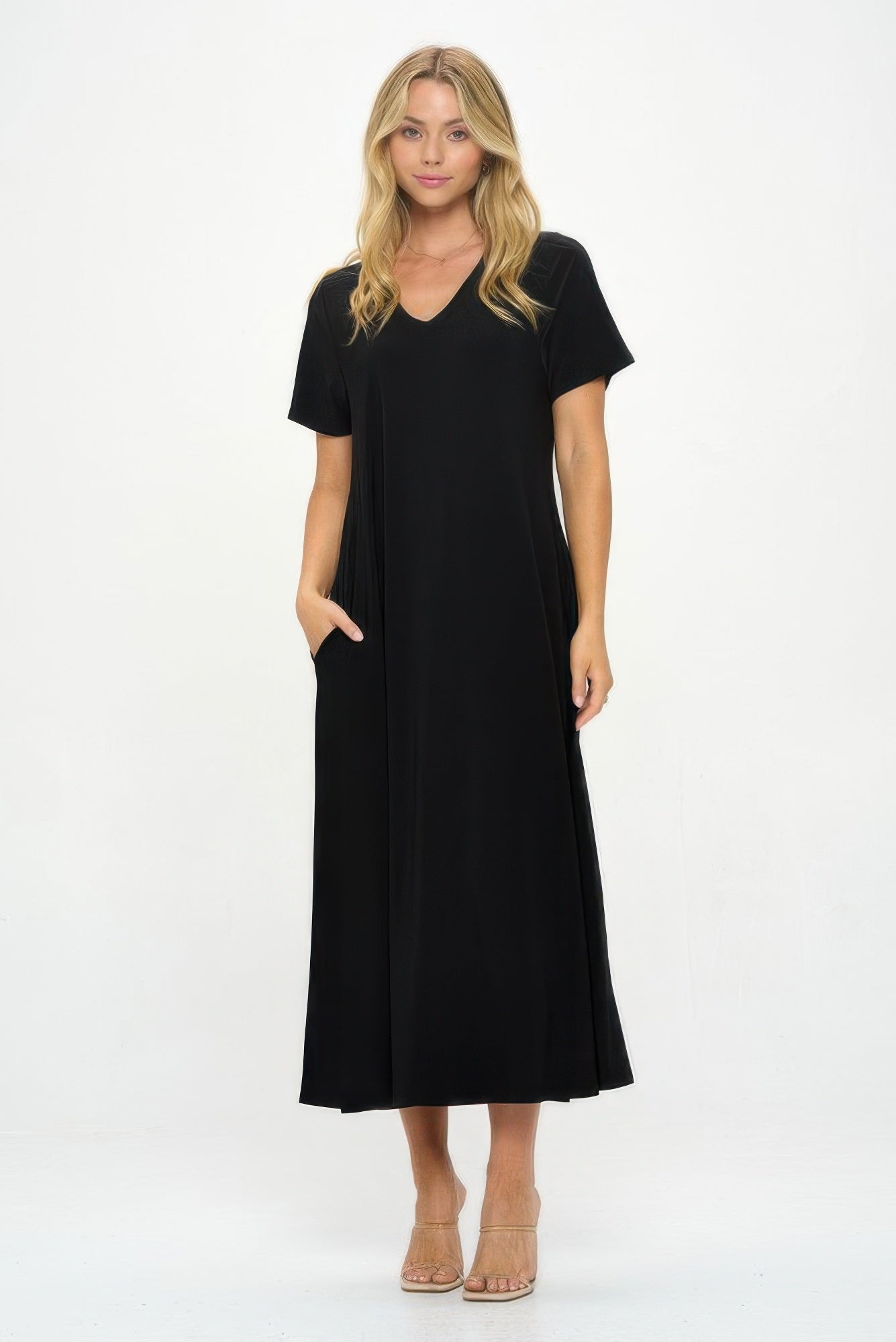 Hit V - neck Long Dress W/pocket - Wear Arielle