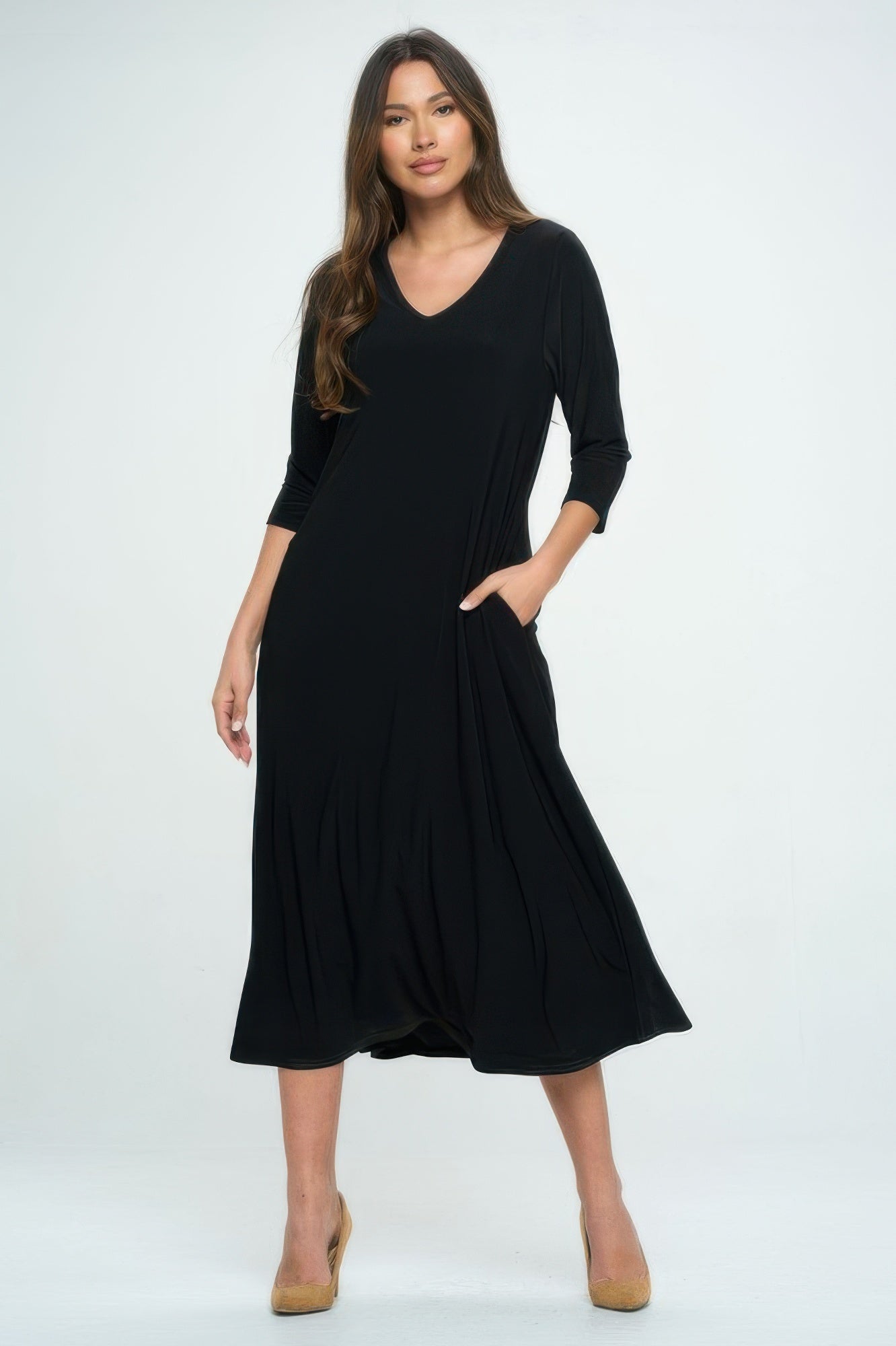 Hit V - neck Long Dress W/pocket - Wear Arielle