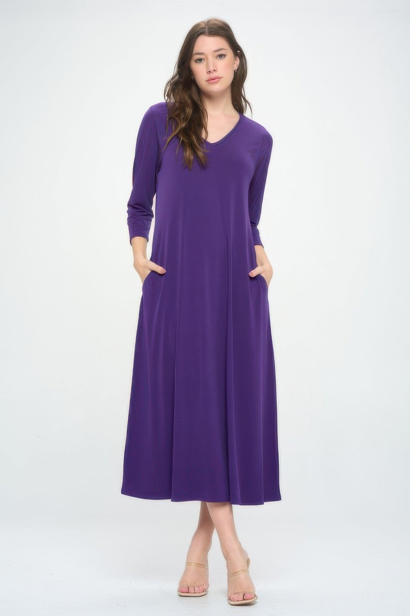 Hit V - neck Long Dress W/pocket - Wear Arielle