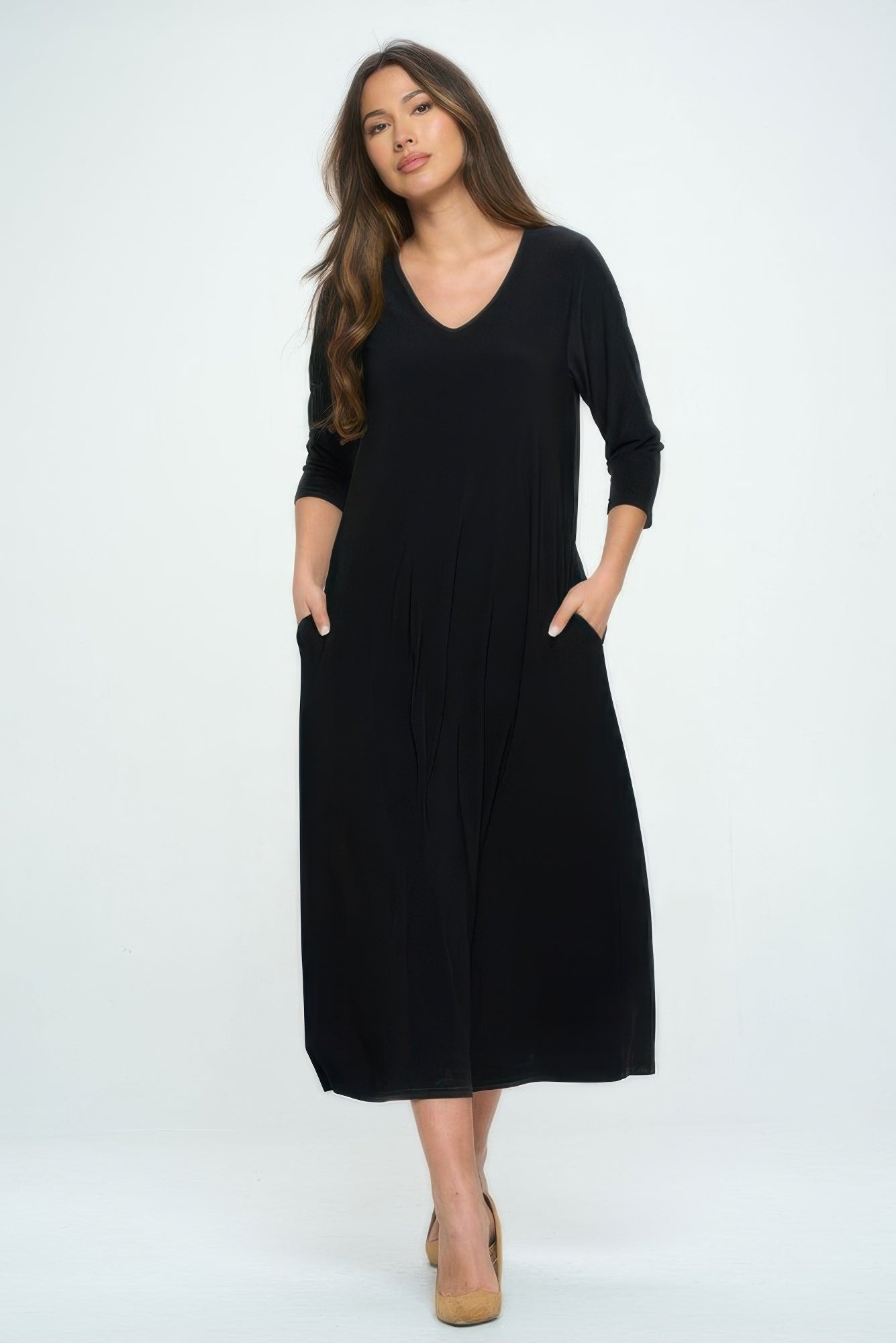 Hit V - neck Long Dress W/pocket - Wear Arielle