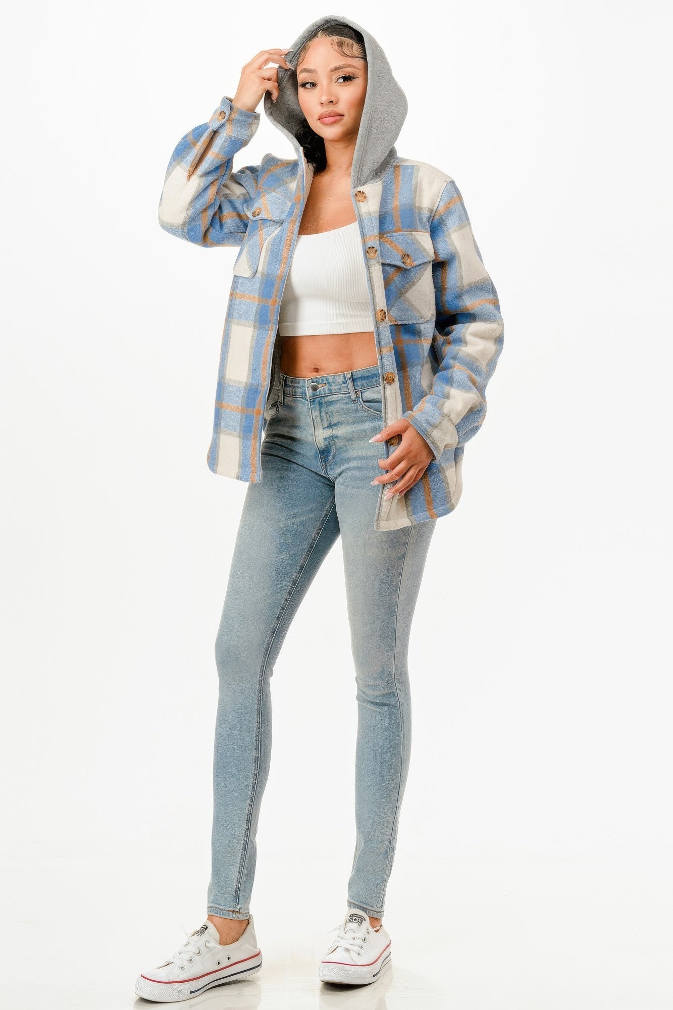 Hooded Plaid Jacket - Wear Arielle