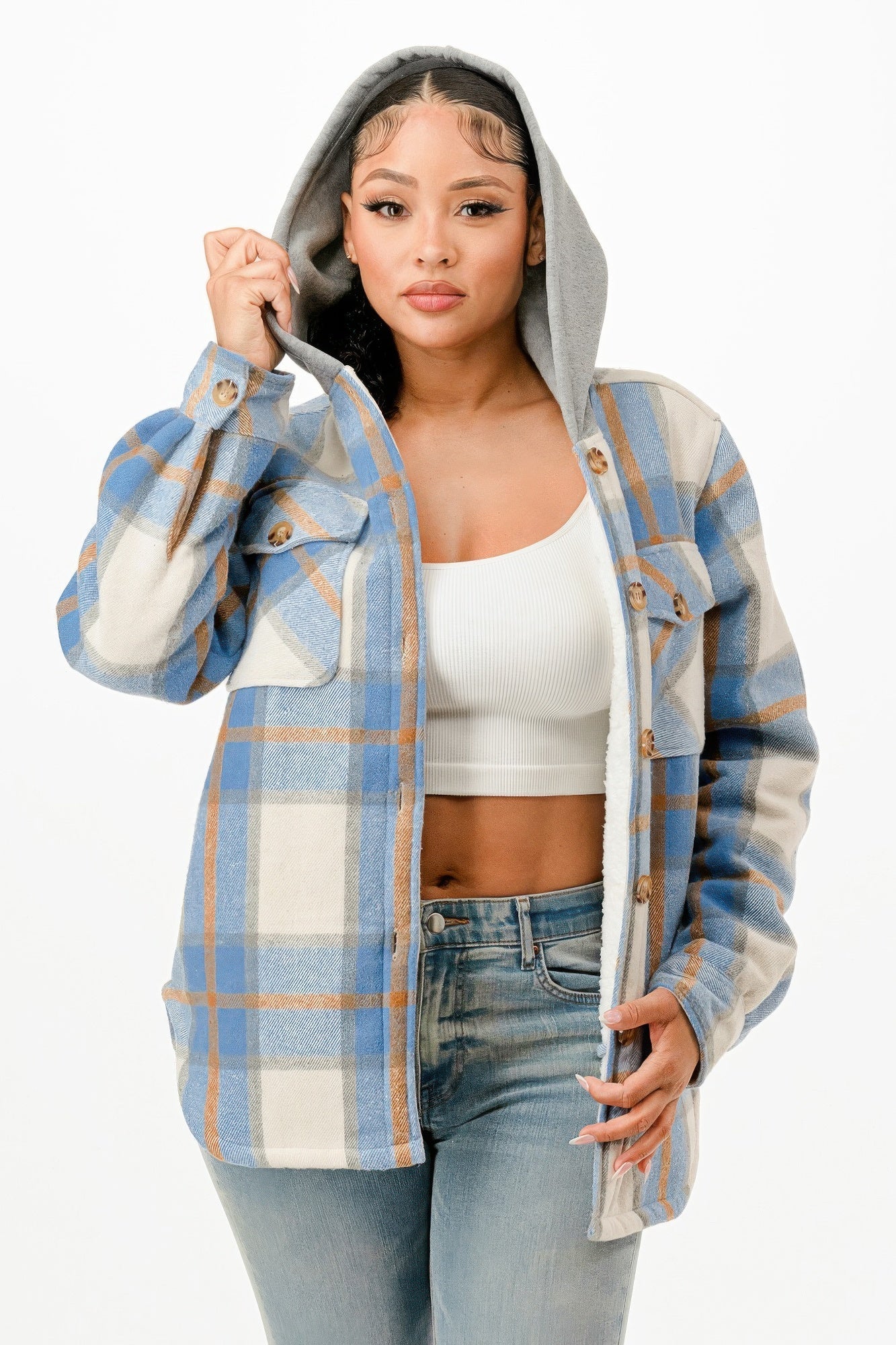 Hooded Plaid Jacket - Wear Arielle
