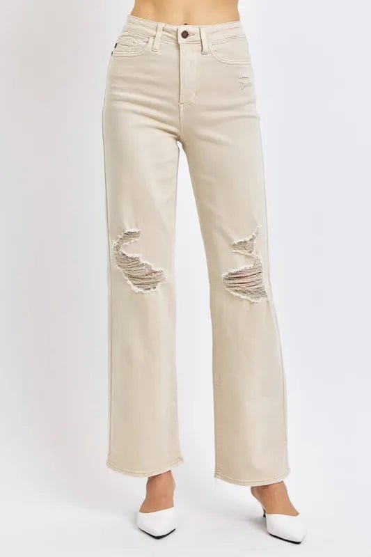 Judy Blue Full Size High Waist Distressed Wide Leg Jeans - Wear Arielle