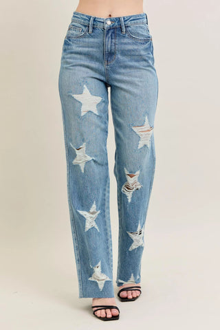 Judy Blue Full Size High Waist Rigid Magic Star Shaped Destroy 90's Straight Jeans Plus Size - Wear Arielle