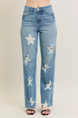 Judy Blue Full Size High Waist Rigid Magic Star Shaped Destroy 90's Straight Jeans Plus Size - Wear Arielle