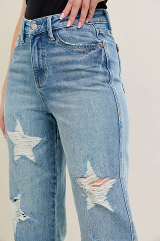 Judy Blue Full Size High Waist Rigid Magic Star Shaped Destroy 90's Straight Jeans Plus Size - Wear Arielle