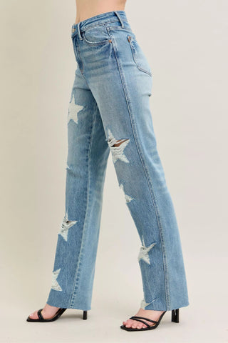 Judy Blue Full Size High Waist Rigid Magic Star Shaped Destroy 90's Straight Jeans Plus Size - Wear Arielle