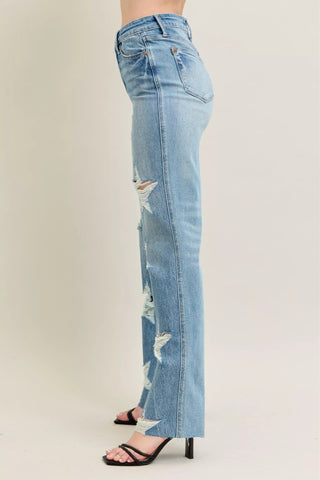Judy Blue Full Size High Waist Rigid Magic Star Shaped Destroy 90's Straight Jeans Plus Size - Wear Arielle
