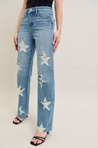 Judy Blue Full Size High Waist Rigid Magic Star Shaped Destroy 90's Straight Jeans Plus Size - Wear Arielle