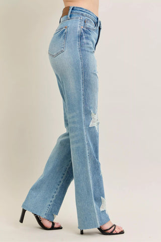 Judy Blue Full Size High Waist Rigid Magic Star Shaped Destroy 90's Straight Jeans Plus Size - Wear Arielle