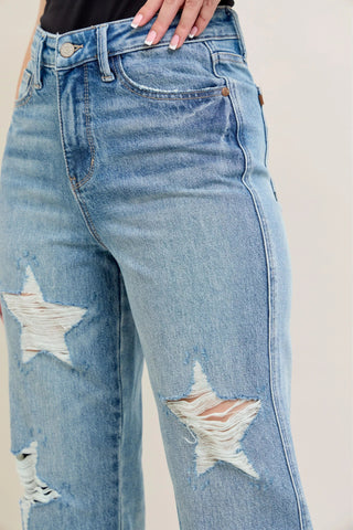 Judy Blue Full Size High Waist Rigid Magic Star Shaped Destroy 90's Straight Jeans Plus Size - Wear Arielle