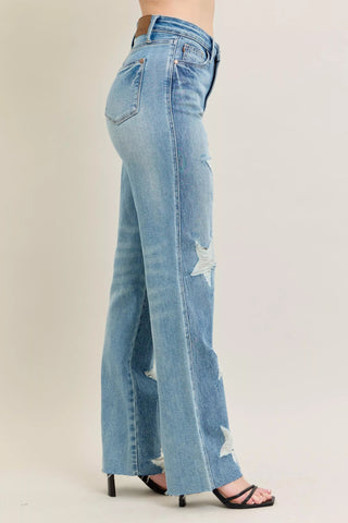 Judy Blue Full Size High Waist Rigid Magic Star Shaped Destroy 90's Straight Jeans Plus Size - Wear Arielle