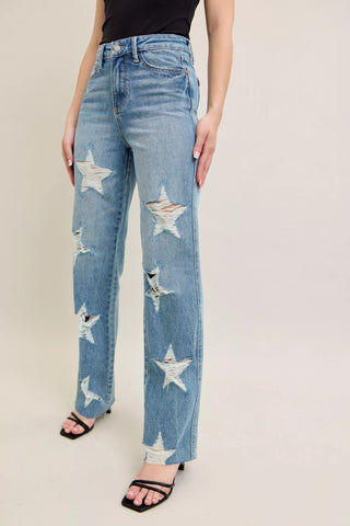 Judy Blue Full Size High Waist Rigid Magic Star Shaped Destroy 90's Straight Jeans Plus Size - Wear Arielle